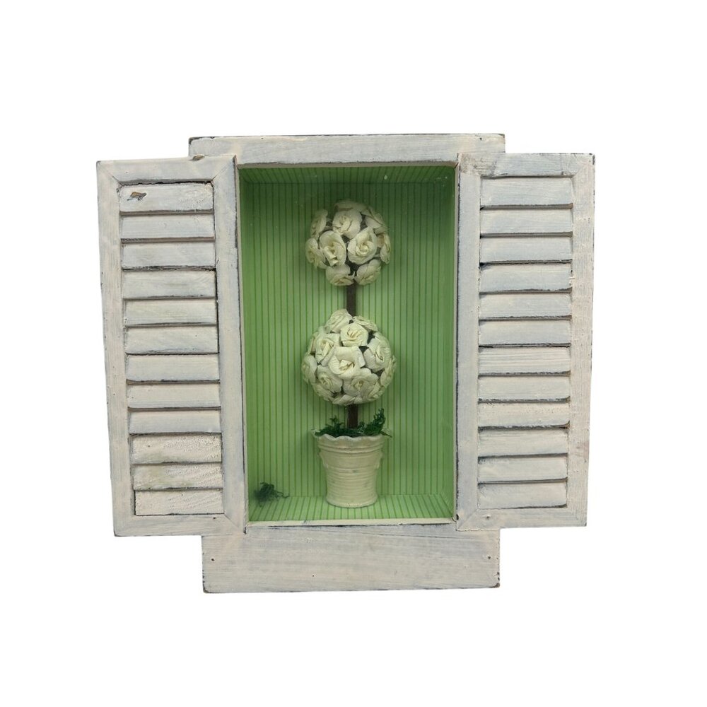 Distressed Wood Shadow Box With Shutter Design & Floral Accent Decoration